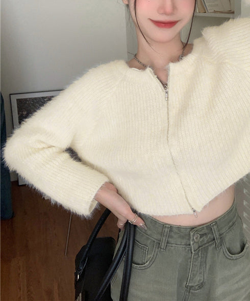 ダブルジップ シャギーニット ショート丈 レディースふわふわニットトップス 韓国風 柔らかミンクタッチ ニットカーディガン 春秋冬 大人可愛いニットセーターお洒落 83CHENXN-007