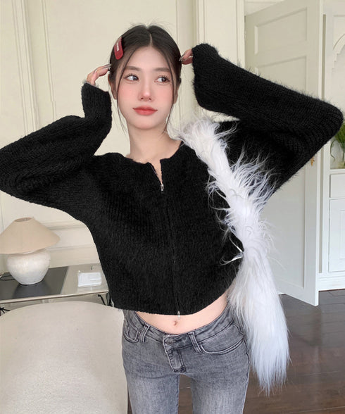 ダブルジップ シャギーニット ショート丈 レディースふわふわニットトップス 韓国風 柔らかミンクタッチ ニットカーディガン 春秋冬 大人可愛いニットセーターお洒落 83CHENXN-007