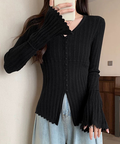 透かし編みニットフレア袖サマーニット春服 韓国風前開きニットトップスレディース 薄手ニットカーディガンVネック フロントボタンニットソー 大人可愛いニットきれいめ 83CHENXN-010