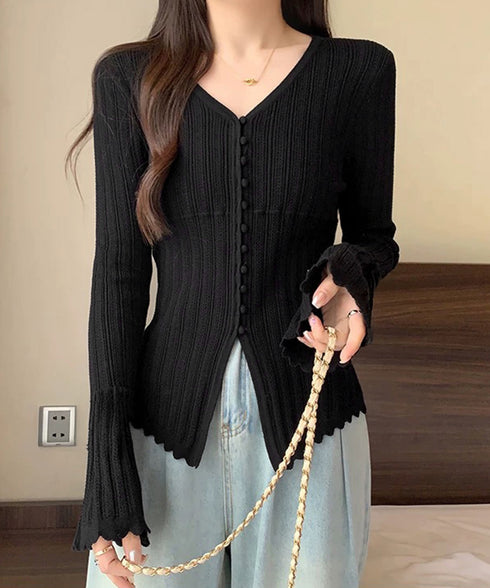 透かし編みニットフレア袖サマーニット春服 韓国風前開きニットトップスレディース 薄手ニットカーディガンVネック フロントボタンニットソー 大人可愛いニットきれいめ 83CHENXN-010