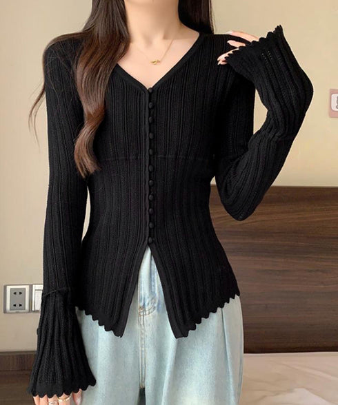 透かし編みニットフレア袖サマーニット春服 韓国風前開きニットトップスレディース 薄手ニットカーディガンVネック フロントボタンニットソー 大人可愛いニットきれいめ 83CHENXN-010