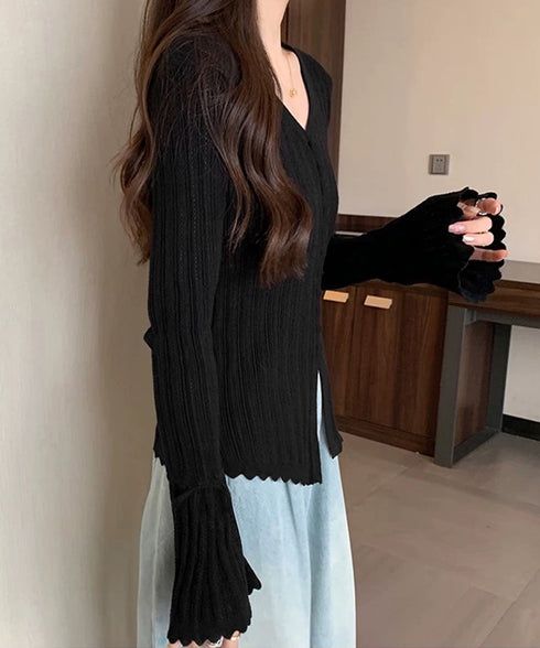 透かし編みニットフレア袖サマーニット春服 韓国風前開きニットトップスレディース 薄手ニットカーディガンVネック フロントボタンニットソー 大人可愛いニットきれいめ 83CHENXN-010