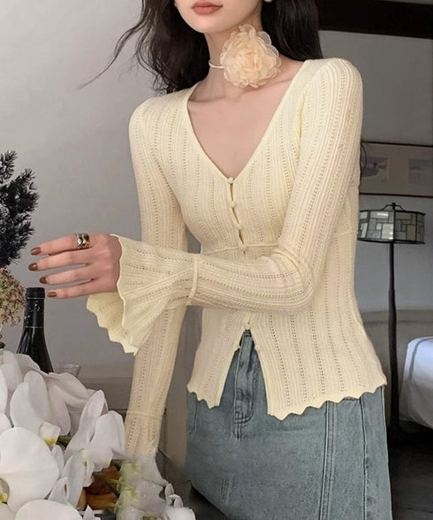 透かし編みニットフレア袖サマーニット春服 韓国風前開きニットトップスレディース 薄手ニットカーディガンVネック フロントボタンニットソー 大人可愛いニットきれいめ 83CHENXN-010