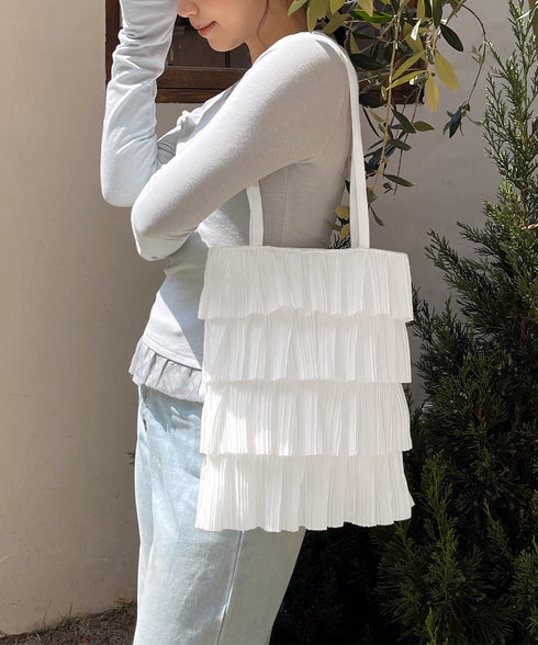 フリルトートバッグ レディース 肩掛け鞄 大人可愛いプリーツトート カジュアルきれいめ 肩掛けバッグ 大容量 韓国風バッグ おしゃれ 女性 ティアードバッグ 軽量 83CUHAN-001