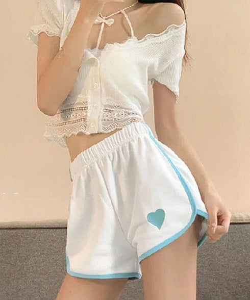 ハートポイントショートパンツ 夏服部屋着 レディース ハイウエストショーパン ワンポイント 着やせ短パン カジュアルスポーツパンツ リラックススウェット服 運動着 83CWSLF-001