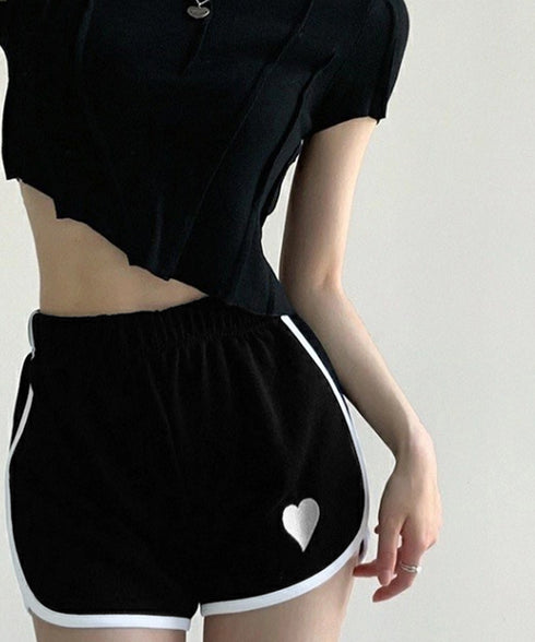 ハートポイントショートパンツ 夏服部屋着 レディース ハイウエストショーパン ワンポイント 着やせ短パン カジュアルスポーツパンツ リラックススウェット服 運動着 83CWSLF-001