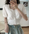 レースアップブラウスウエストシャーリング レディース スクエアネック シャツブラウス フェミニン 春夏服 人気半袖トップス 韓国風ショート丈ブラウス 無地 着やせ 83CYZ-001