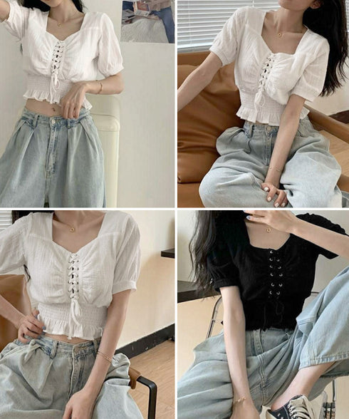 レースアップブラウスウエストシャーリング レディース スクエアネック シャツブラウス フェミニン 春夏服 人気半袖トップス 韓国風ショート丈ブラウス 無地 着やせ 83CYZ-001