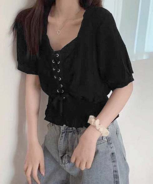 レースアップブラウスウエストシャーリング レディース スクエアネック シャツブラウス フェミニン 春夏服 人気半袖トップス 韓国風ショート丈ブラウス 無地 着やせ 83CYZ-001