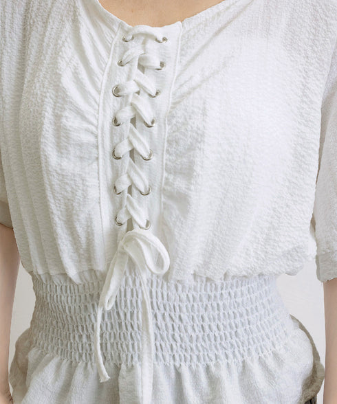 レースアップブラウスウエストシャーリング レディース スクエアネック シャツブラウス フェミニン 春夏服 人気半袖トップス 韓国風ショート丈ブラウス 無地 着やせ 83CYZ-001