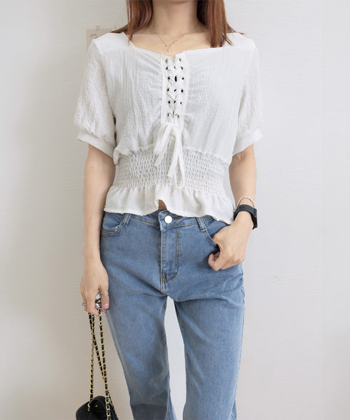 レースアップブラウスウエストシャーリング レディース スクエアネック シャツブラウス フェミニン 春夏服 人気半袖トップス 韓国風ショート丈ブラウス 無地 着やせ 83CYZ-001