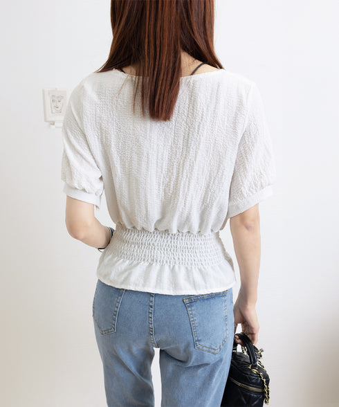 レースアップブラウスウエストシャーリング レディース スクエアネック シャツブラウス フェミニン 春夏服 人気半袖トップス 韓国風ショート丈ブラウス 無地 着やせ 83CYZ-001