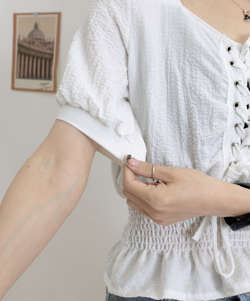 レースアップブラウスウエストシャーリング レディース スクエアネック シャツブラウス フェミニン 春夏服 人気半袖トップス 韓国風ショート丈ブラウス 無地 着やせ 83CYZ-001