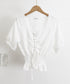 レースアップブラウスウエストシャーリング レディース スクエアネック シャツブラウス フェミニン 春夏服 人気半袖トップス 韓国風ショート丈ブラウス 無地 着やせ 83CYZ-001