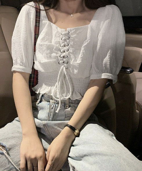 レースアップブラウスウエストシャーリング レディース スクエアネック シャツブラウス フェミニン 春夏服 人気半袖トップス 韓国風ショート丈ブラウス 無地 着やせ 83CYZ-001