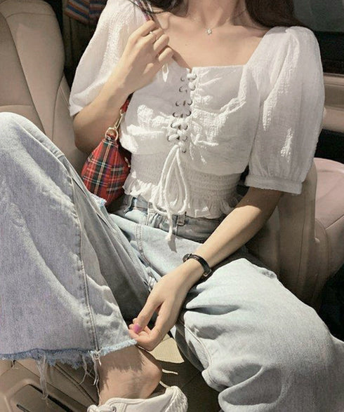 レースアップブラウスウエストシャーリング レディース スクエアネック シャツブラウス フェミニン 春夏服 人気半袖トップス 韓国風ショート丈ブラウス 無地 着やせ 83CYZ-001