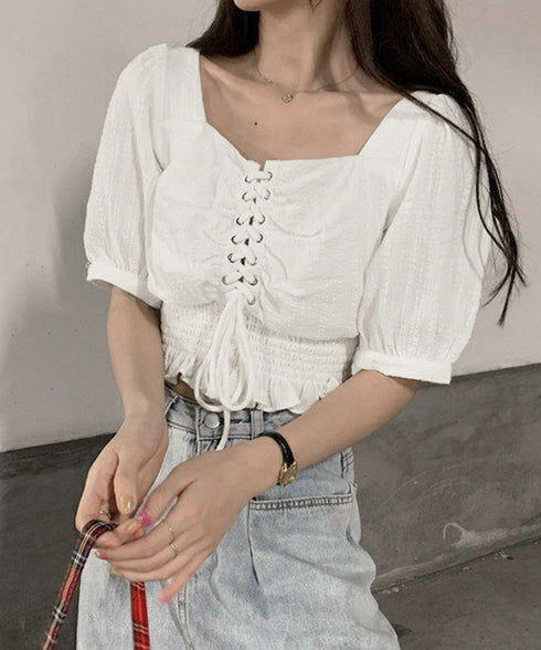 レースアップブラウスウエストシャーリング レディース スクエアネック シャツブラウス フェミニン 春夏服 人気半袖トップス 韓国風ショート丈ブラウス 無地 着やせ 83CYZ-001