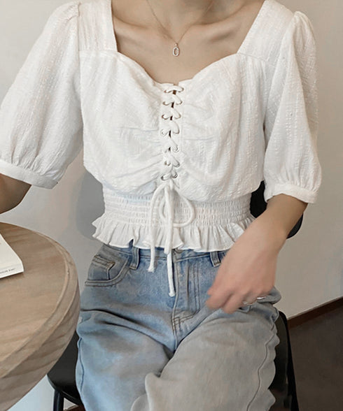 レースアップブラウスウエストシャーリング レディース スクエアネック シャツブラウス フェミニン 春夏服 人気半袖トップス 韓国風ショート丈ブラウス 無地 着やせ 83CYZ-001