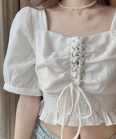 レースアップブラウスウエストシャーリング レディース スクエアネック シャツブラウス フェミニン 春夏服 人気半袖トップス 韓国風ショート丈ブラウス 無地 着やせ 83CYZ-001