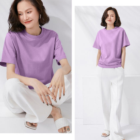 tシャツ レディース 半袖 無地ロングT クルーネック tシャツ ゆったり 体型カバー ベーシックTシャツ 白 シンプルカットソー着回しプルオーバー 夏服 12色 83DAKUN-001