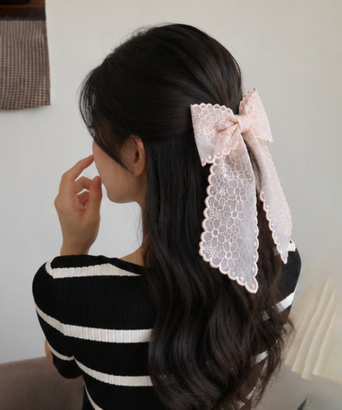 レースリボンバレッタ刺しゅうヘアクリップ 大人可愛いシアー髪飾り ロングクリップ 簡単ヘアアレンジ 韓国風大きめバレッタ エレガントフレンチガーリーヘアピンお洒落 83DIANQIAO-001