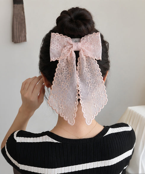 レースリボンバレッタ刺しゅうヘアクリップ 大人可愛いシアー髪飾り ロングクリップ 簡単ヘアアレンジ 韓国風大きめバレッタ エレガントフレンチガーリーヘアピンお洒落 83DIANQIAO-001