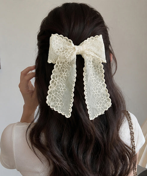レースリボンバレッタ刺しゅうヘアクリップ 大人可愛いシアー髪飾り ロングクリップ 簡単ヘアアレンジ 韓国風大きめバレッタ エレガントフレンチガーリーヘアピンお洒落 83DIANQIAO-001