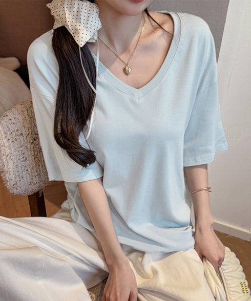 ビッグtシャツレディース無地半袖Tシャツ オーバーサイズvネックtシャツ 涼しい五分袖 着やせ夏トップス ゆったり シンプルロングカットソーゆるチュニックtシャツ 83FENGSE-001