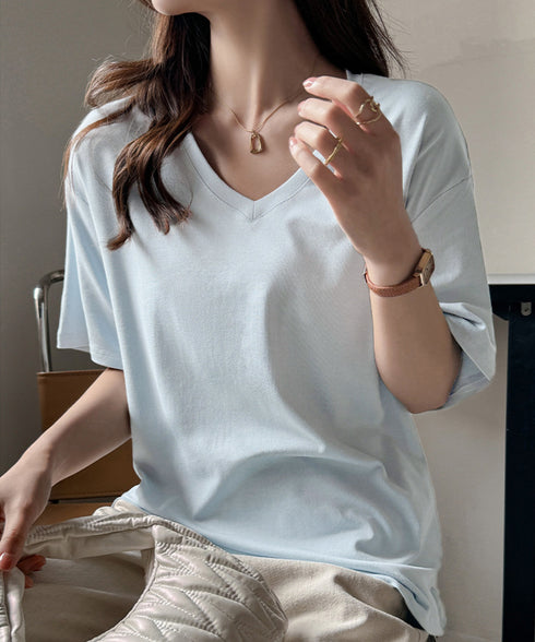 ビッグtシャツレディース無地半袖Tシャツ オーバーサイズvネックtシャツ 涼しい五分袖 着やせ夏トップス ゆったり シンプルロングカットソーゆるチュニックtシャツ 83FENGSE-001