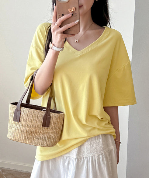 ビッグtシャツレディース無地半袖Tシャツ オーバーサイズvネックtシャツ 涼しい五分袖 着やせ夏トップス ゆったり シンプルロングカットソーゆるチュニックtシャツ 83FENGSE-001