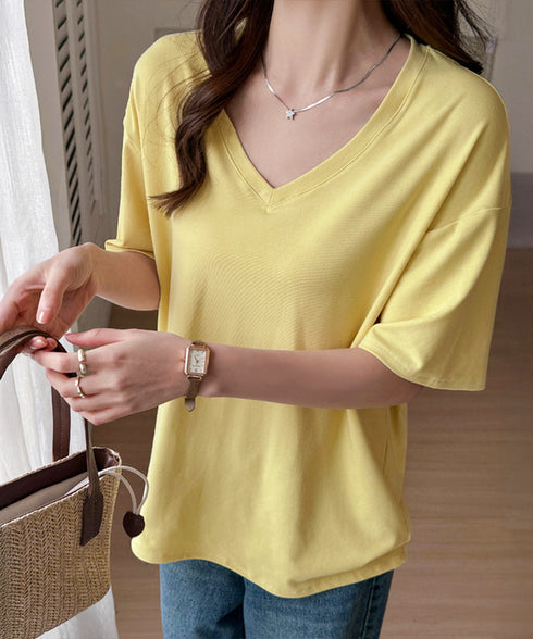 ビッグtシャツレディース無地半袖Tシャツ オーバーサイズvネックtシャツ 涼しい五分袖 着やせ夏トップス ゆったり シンプルロングカットソーゆるチュニックtシャツ 83FENGSE-001