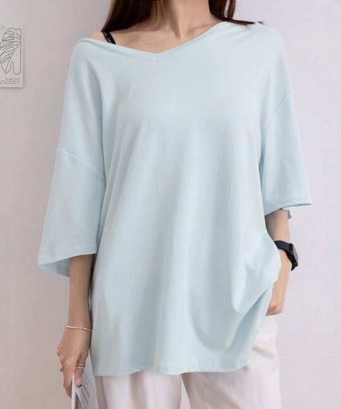 ビッグtシャツレディース無地半袖Tシャツ オーバーサイズvネックtシャツ 涼しい五分袖 着やせ夏トップス ゆったり シンプルロングカットソーゆるチュニックtシャツ 83FENGSE-001