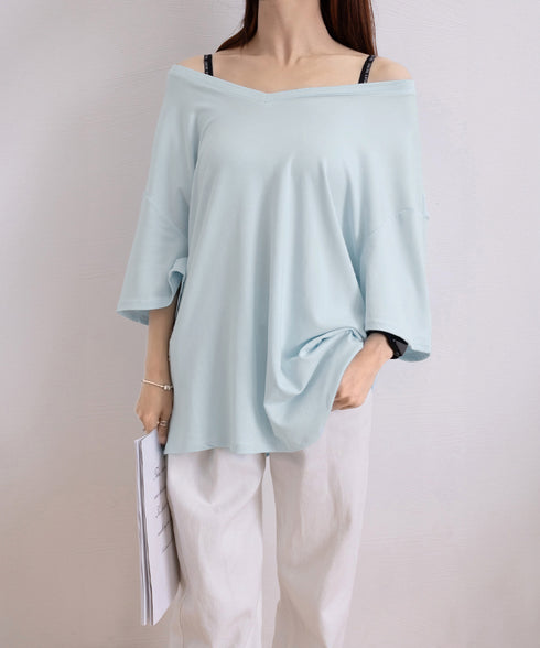 ビッグtシャツレディース無地半袖Tシャツ オーバーサイズvネックtシャツ 涼しい五分袖 着やせ夏トップス ゆったり シンプルロングカットソーゆるチュニックtシャツ 83FENGSE-001