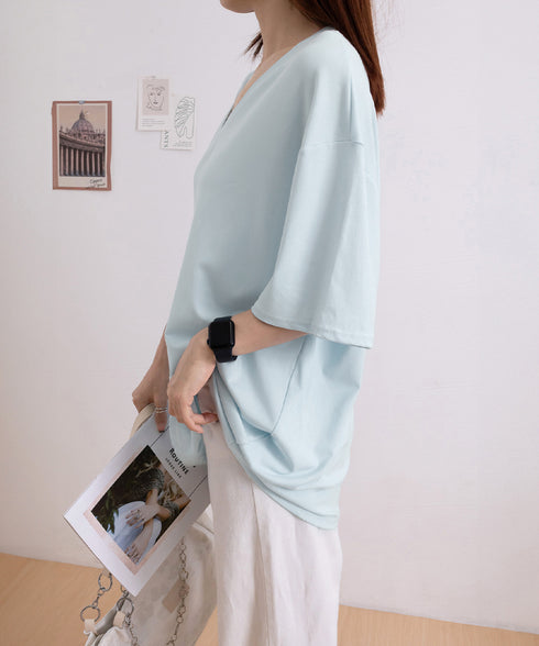 ビッグtシャツレディース無地半袖Tシャツ オーバーサイズvネックtシャツ 涼しい五分袖 着やせ夏トップス ゆったり シンプルロングカットソーゆるチュニックtシャツ 83FENGSE-001