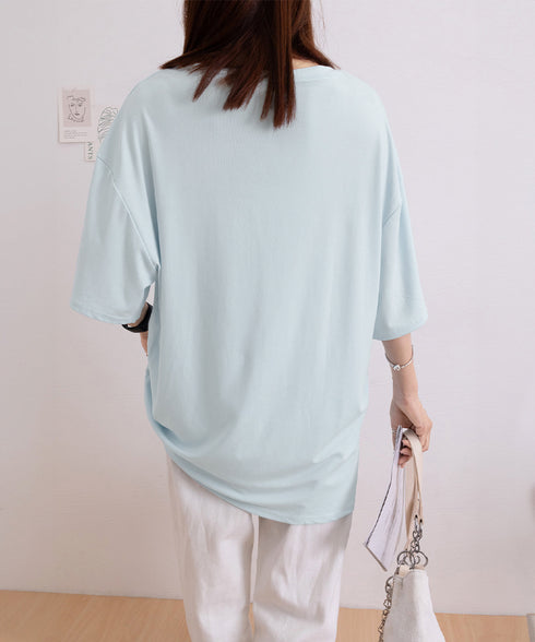 ビッグtシャツレディース無地半袖Tシャツ オーバーサイズvネックtシャツ 涼しい五分袖 着やせ夏トップス ゆったり シンプルロングカットソーゆるチュニックtシャツ 83FENGSE-001