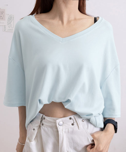 ビッグtシャツレディース無地半袖Tシャツ オーバーサイズvネックtシャツ 涼しい五分袖 着やせ夏トップス ゆったり シンプルロングカットソーゆるチュニックtシャツ 83FENGSE-001