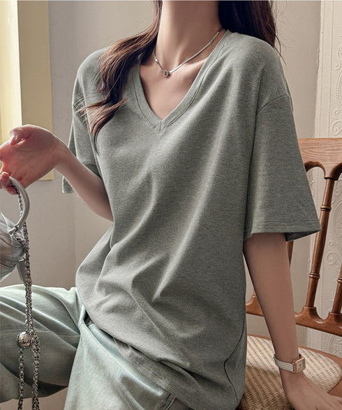 ビッグtシャツレディース無地半袖Tシャツ オーバーサイズvネックtシャツ 涼しい五分袖 着やせ夏トップス ゆったり シンプルロングカットソーゆるチュニックtシャツ 83FENGSE-001