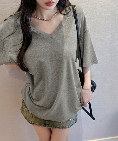 ビッグtシャツレディース無地半袖Tシャツ オーバーサイズvネックtシャツ 涼しい五分袖 着やせ夏トップス ゆったり シンプルロングカットソーゆるチュニックtシャツ 83FENGSE-001