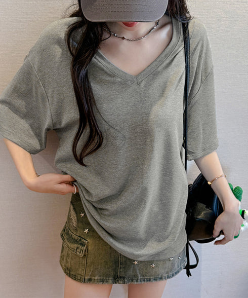 ビッグtシャツレディース無地半袖Tシャツ オーバーサイズvネックtシャツ 涼しい五分袖 着やせ夏トップス ゆったり シンプルロングカットソーゆるチュニックtシャツ 83FENGSE-001