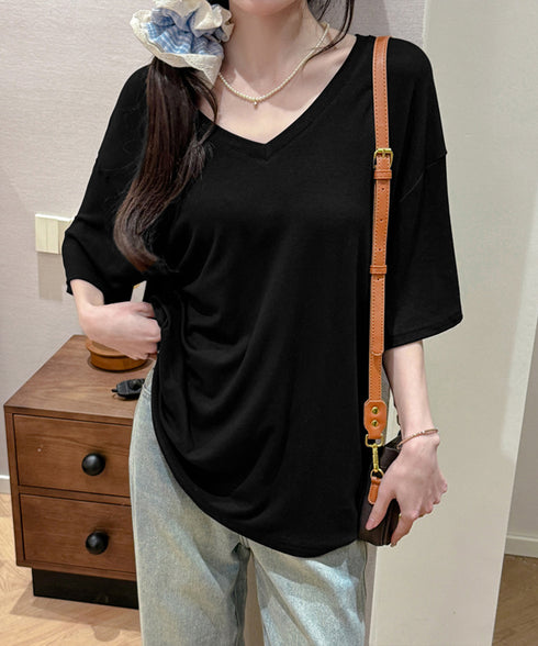 ビッグtシャツレディース無地半袖Tシャツ オーバーサイズvネックtシャツ 涼しい五分袖 着やせ夏トップス ゆったり シンプルロングカットソーゆるチュニックtシャツ 83FENGSE-001