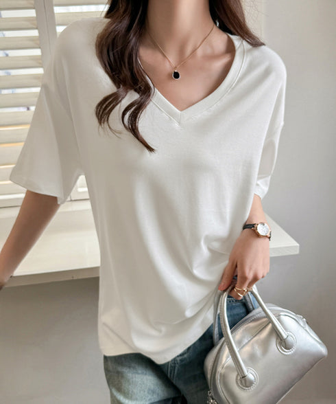 ビッグtシャツレディース無地半袖Tシャツ オーバーサイズvネックtシャツ 涼しい五分袖 着やせ夏トップス ゆったり シンプルロングカットソーゆるチュニックtシャツ 83FENGSE-001