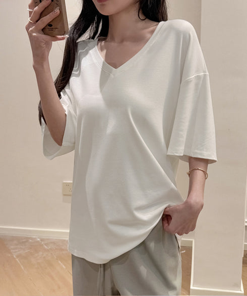 ビッグtシャツレディース無地半袖Tシャツ オーバーサイズvネックtシャツ 涼しい五分袖 着やせ夏トップス ゆったり シンプルロングカットソーゆるチュニックtシャツ 83FENGSE-001