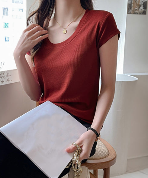 UネックTシャツ レディース 半袖 夏服 ベーシック リブtシャツ サマーカットソー 無地 着回し夏t 大人カジュアル 快適プルオーバー 涼しげトップス柔らかな 83FENGSE-002