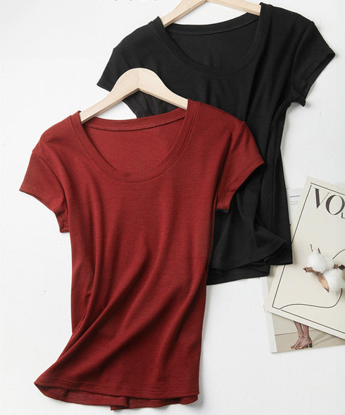 UネックTシャツ レディース 半袖 夏服 ベーシック リブtシャツ サマーカットソー 無地 着回し夏t 大人カジュアル 快適プルオーバー 涼しげトップス柔らかな 83FENGSE-002