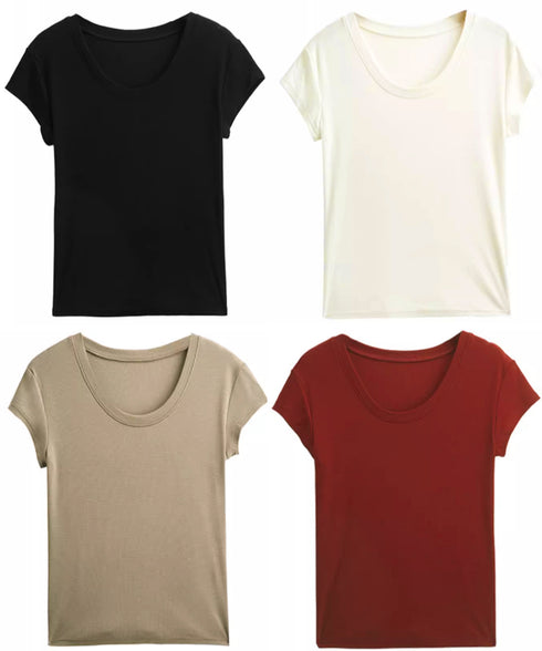 UネックTシャツ レディース 半袖 夏服 ベーシック リブtシャツ サマーカットソー 無地 着回し夏t 大人カジュアル 快適プルオーバー 涼しげトップス柔らかな 83FENGSE-002