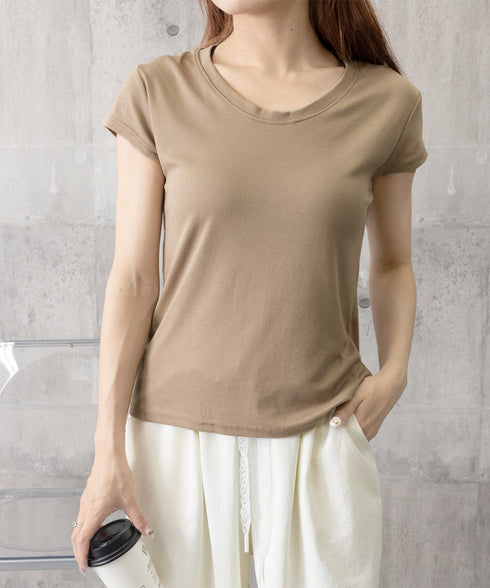 UネックTシャツ レディース 半袖 夏服 ベーシック リブtシャツ サマーカットソー 無地 着回し夏t 大人カジュアル 快適プルオーバー 涼しげトップス柔らかな 83FENGSE-002