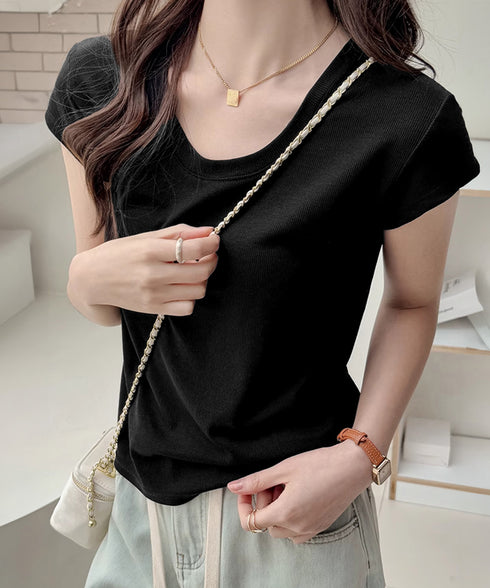 UネックTシャツ レディース 半袖 夏服 ベーシック リブtシャツ サマーカットソー 無地 着回し夏t 大人カジュアル 快適プルオーバー 涼しげトップス柔らかな 83FENGSE-002