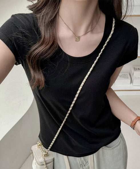 UネックTシャツ レディース 半袖 夏服 ベーシック リブtシャツ サマーカットソー 無地 着回し夏t 大人カジュアル 快適プルオーバー 涼しげトップス柔らかな 83FENGSE-002