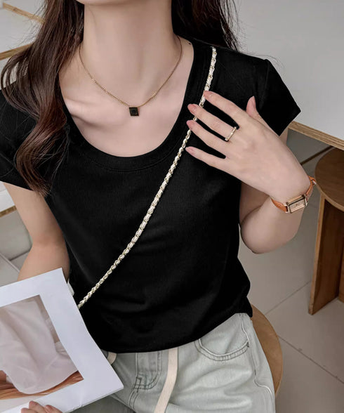 UネックTシャツ レディース 半袖 夏服 ベーシック リブtシャツ サマーカットソー 無地 着回し夏t 大人カジュアル 快適プルオーバー 涼しげトップス柔らかな 83FENGSE-002