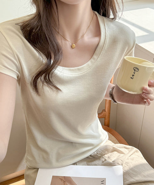 UネックTシャツ レディース 半袖 夏服 ベーシック リブtシャツ サマーカットソー 無地 着回し夏t 大人カジュアル 快適プルオーバー 涼しげトップス柔らかな 83FENGSE-002